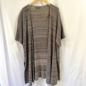 Eileen Fisher Woman OS Black Grey Short Sleeve Open Knit Kimono Duster Cardigan